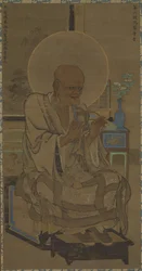 Arhat (Hattara Sonja - Bhadra) assis; une branche fleurie dans un vase sur la table, période Nanbokucho, milieu du 14ème siècle